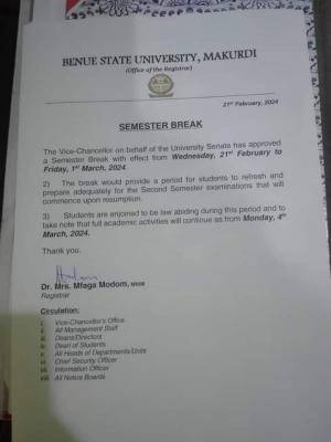 BSU notice on semester break