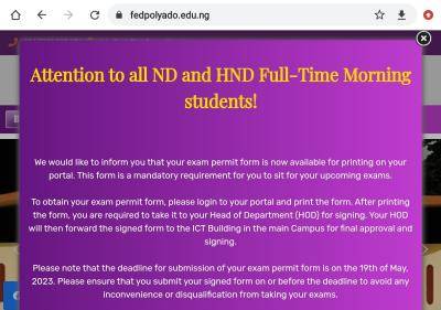 Fed Poly Ado notice on printing of examination permit