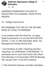 AOCOED issues important notice to staff and students of the institution
