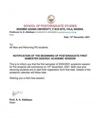 MAUTECH notice to postgraduate students on commencement of 1st semester, 2020/2021