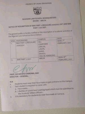 Nigeria Law School notice on resumption