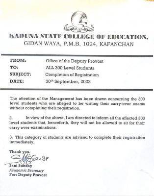 Kaduna College Of Education notice to 300L students on completion of registration