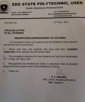Edo State Poly notice on resumption and commencement of lectures