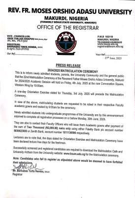 BSU announces date for Orientation & 32nd Matriculation Ceremony