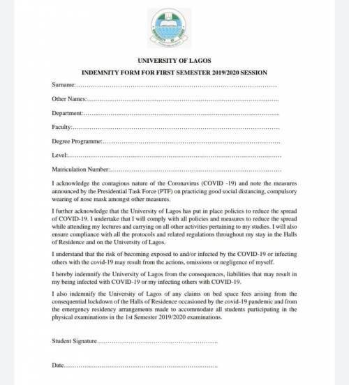UNILAG allegedly forces students to sign a form absolving the school of COVID-19 infection blame