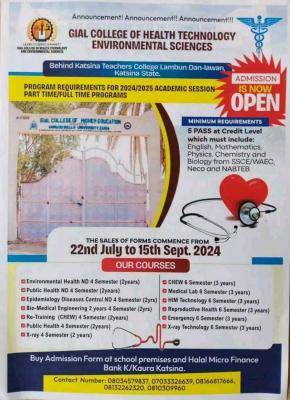 Gial College of Health Tech releases admission form, 2024/2025