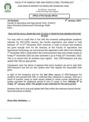 Aliko Dangote University, Wudil notice on faculty registration
