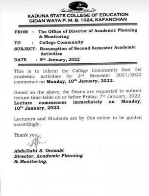 Kaduna COE notice on resumption of 2nd semester academic activities