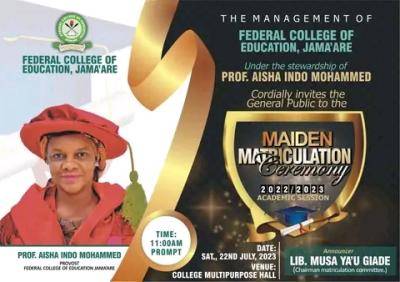 Federal College of Education, Jama'are Maiden Matriculation Ceremony for 2022/2023 session to hold 22nd July