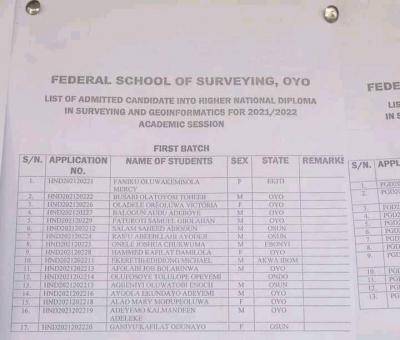 Federal School of Surveying Oyo HND Admission List, 2021/2022