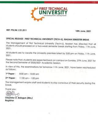 First Tech-U Ibadan announces first semester break