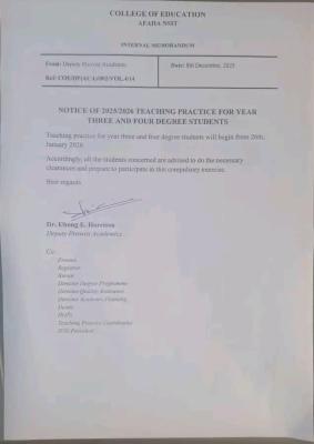 College of Education Afaha-Nsit notice on teaching practice for 2025/2026