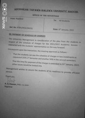 ATBU notice on payment of schedule of fees
