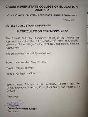 Cross River College of Education announces matriculation ceremony