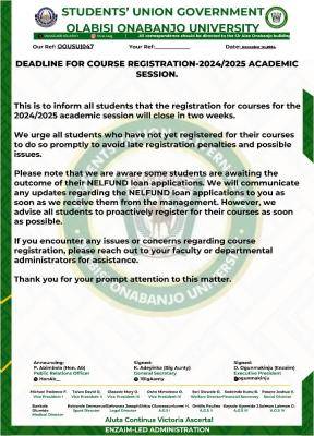 OOU SUG notice on deadline for course registration, 2024/2025