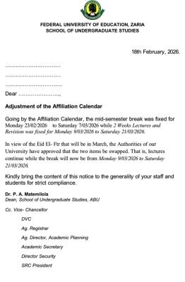 FUE Zaria adjusts affiliation academic calendar, 2025/2026