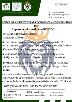 ADUSTECH, Faculty of Agricultural Economics and Extension notice on NELFUND disbursement