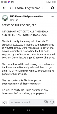 Fed Poly Oko SUG notice to HND I students