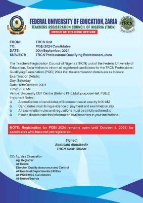 FCE Zaria notice of TRCN Professional Qualifying exams