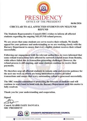 FUKASHERE SRC issues update to students regarding NELFUND refund