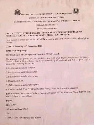 FCE Tech Gombe in affiliation with ATBU notice of physical screening/verification for DE, 2023/2024