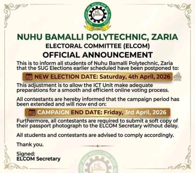 Nuhu Bamali Polytechnic announces postponement of SUG elections