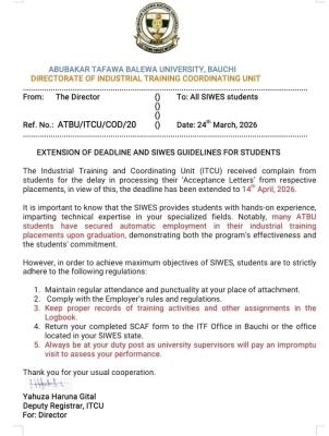 ATBU extends deadline for submission of SIWES acceptance letters