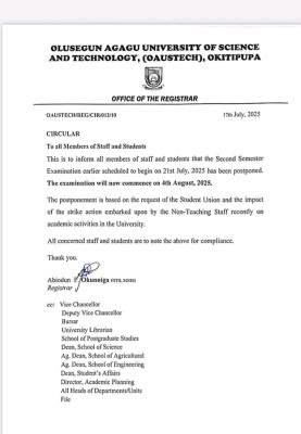 OAUSTECH reschedules second semester exams, 2024/2025