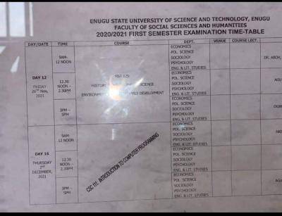ESUT first semester examination timetable, 2020/2021