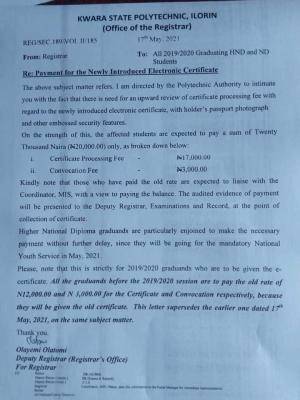 Kwara Poly notice on payment for the newly introduced electronic Certificate