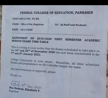 FCE, pankshin notice to students on adjustment of 2019/2020 first semester exam timetable