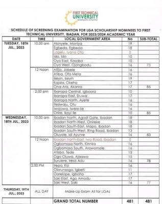 First Technical University schedule of screening for scholarship nominees, 2023/2024 session