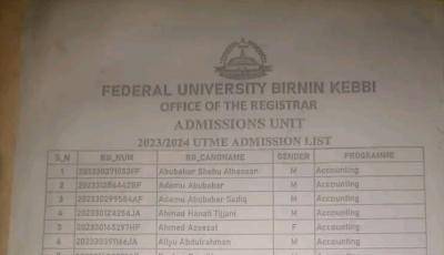 FUBK UTME admission lists, 2023/2024 available on school's notice board