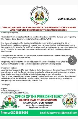 KADSSU update on Kaduna State Government Scholarship and NELFUND