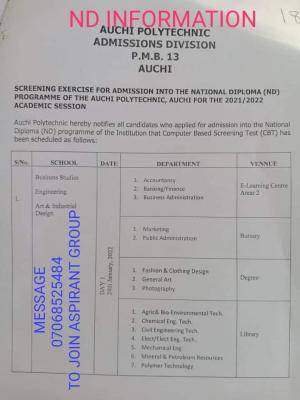 Auchi Poly National Diploma screening schedule and requirements, 2021/2022