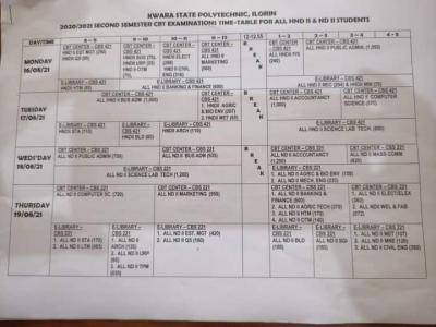 Kwara Poly HND II & ND II 2020/2021 2nd semester CBT exam timetable