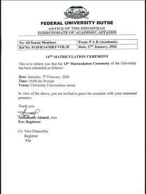 FUDutse announces 14th matriculation ceremony