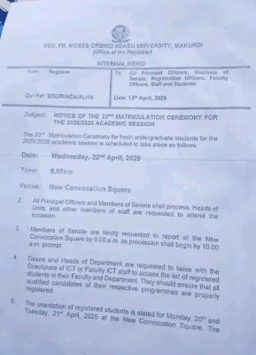 BSU announces 33rd Matriculation Ceremony, 2025/26 session