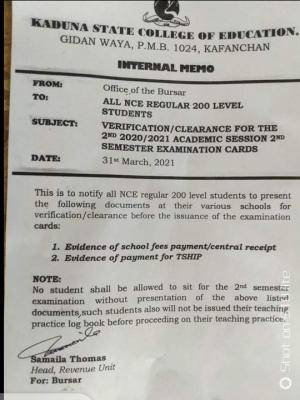 Kwara State COE notice on verification/clearance for 2nd semester exam cards, 2020/2021
