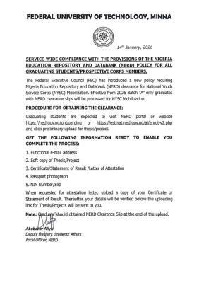 FUTMINNA announces NERD Clearance for prospective 2026 Corps Members