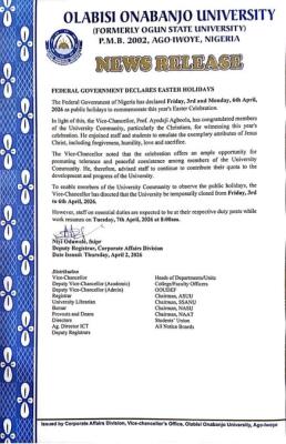 OOU announces temporary closure for Easter holidays