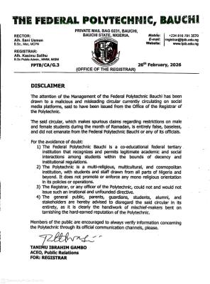 Federal Polytechnic Bauchi disclaimer notice on fake Ramadan restriction circular