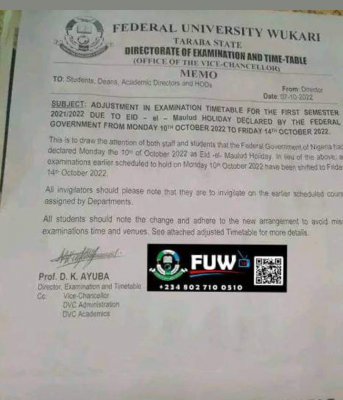 FUWukari reschedules 1st semester exams, 2021/2022