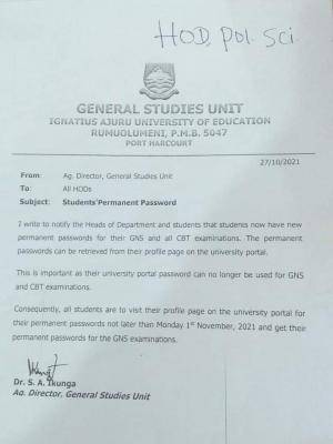 IAUE notice to students on Permanent Password for GNS exams
