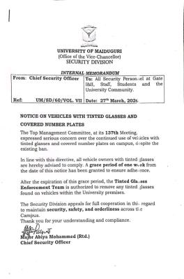 UNIMAID bans vehicles with tinted glasses and covered number plates