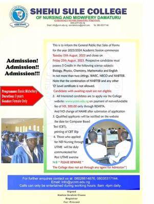 Shehu Sule College of Nursing Science and Midwifery, Damaturu Admission Form, 2023/2024