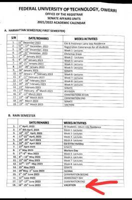 FUTO 1st semester and rain semester academic calendar, 2021/2022