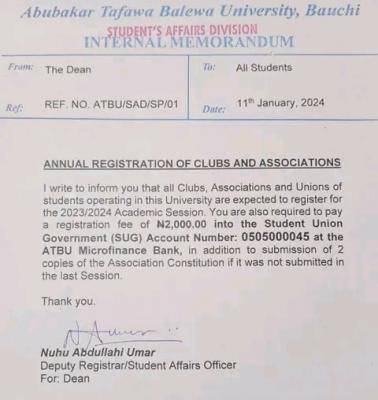 ATBU notice to students on annual registration of Clubs & Associations