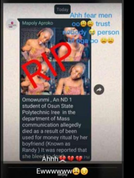 Osun poly student allegedly used for rituals hours after visiting her boyfriend