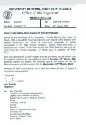 UNIBEN notice on resumption of academic activities